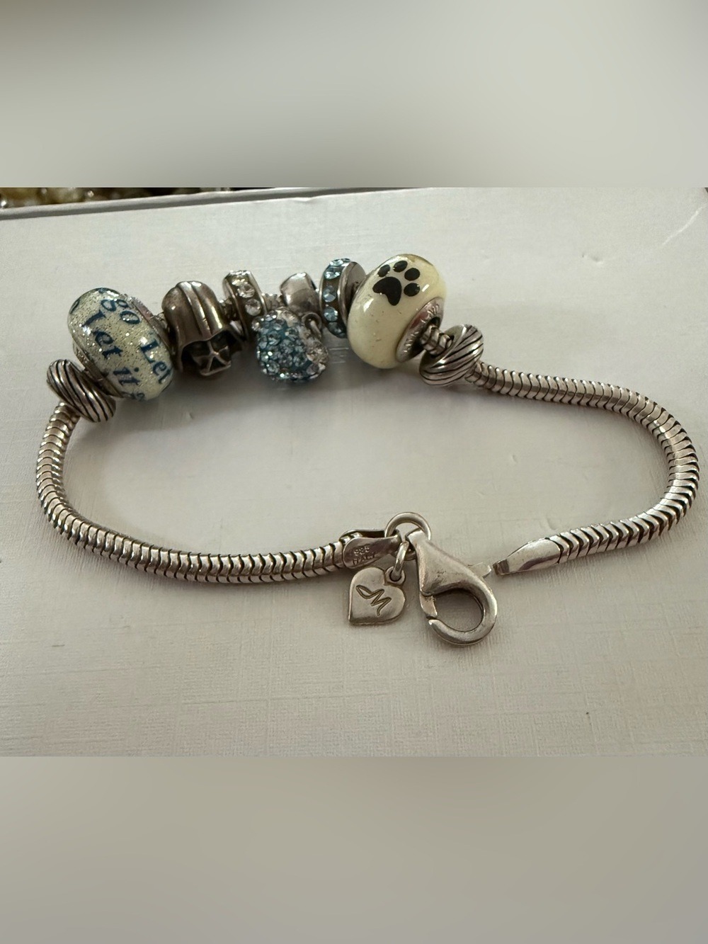 Vintage Italian Sterling Disney Murano Glass Rondelle Charm Bracelet 7 3/4”
